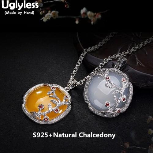 Uglyless Real 925 Sterling Silver Natural Women Chalcedony Pendant without Chain Palace Design Plum Flower Jewelry Square Bijoux