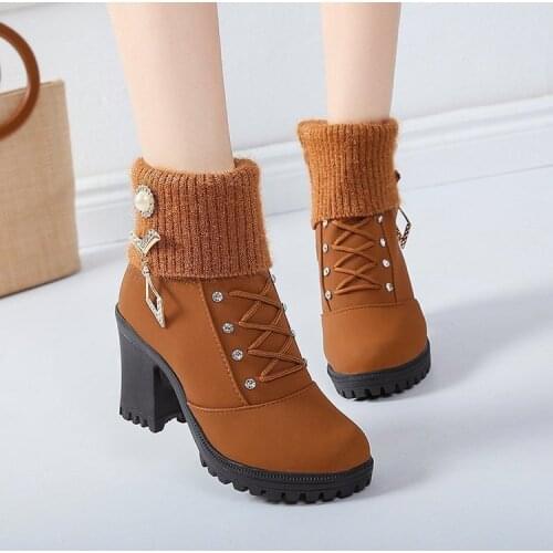 New Women Boots Winter Outdoor Keep Warm Fur Boots Waterproof Womens Snow Boots Thick Heel with Round Head Short Boot