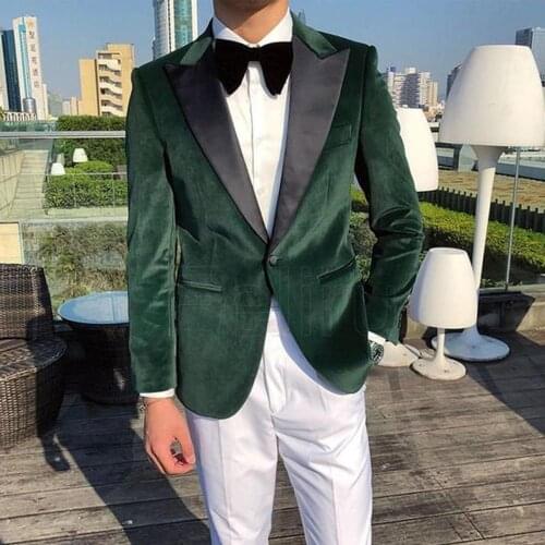Formal Wedding Men Green Velvet Blazer Tuxedo Jackets One Button Jacket Slim Fit Blazers Dinner Party Wear Jacket and Pants