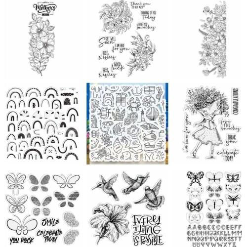 Mixed Style Clear Transparent Stamps Flowers Bouquet Border Butterflies Birds Rainbow Arch Shell Crab Sentiments Words 2021 New