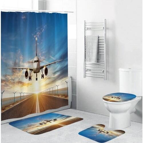 Dawn Blue Sky Plane Take Off Printed Bathroom Waterproof Shower Curtain Rug Lid Carpet Toilet Cover Set Bath Curtain Mat Set