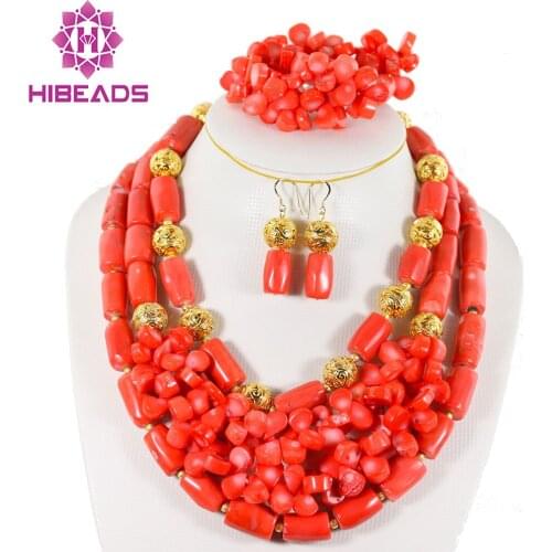 Luxury Nigerian African Wedding Bead Set Coral Beads Jewelry Set Necklace Bracelet Earrings CJ013