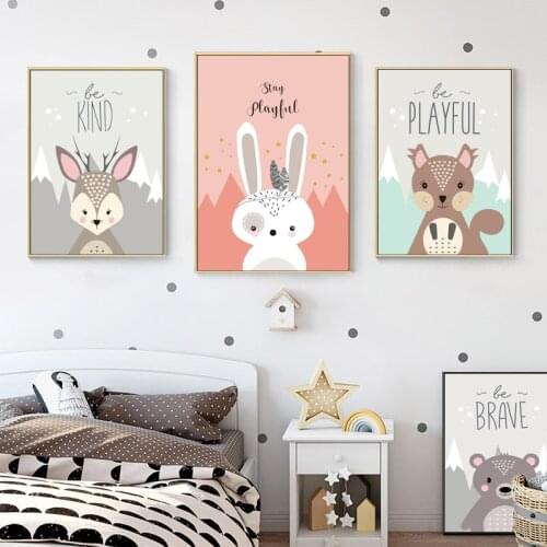 Nordic Cute cartoon Animal for children Bunny bear fox Canvas Painting Wall Art Posters Prints Baby Bedroom kindergarten Picture