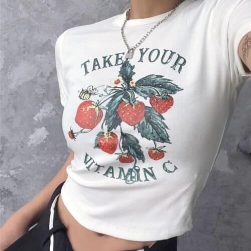 90s Cute Casual Strawberry Cartoon Print Crop Tops Summer Grunge Harajuku Streetwear Mujer Y2K Slim Letter Vintage Women T-Shirt