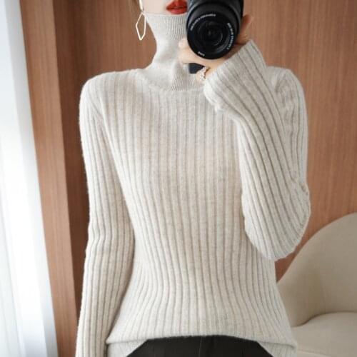 100% wool knitted sweater womens autumn and winter long-sleeved pullover sweater new slim solid color cashmere sweater