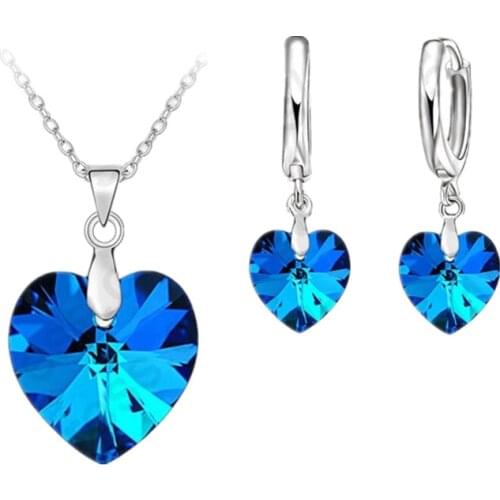Austrian Crystal 925 Sterling Silver Jewelry Heart Pendant Necklaces Lever Back Earrings Woman Accessories Gift