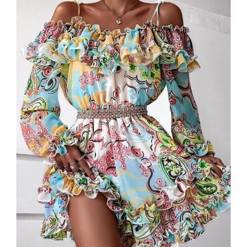 Print Slash Neck Ruffle Mini Dress Spaghetti Strap Off Shoulder Autumn Women Casual Long Sleeve Dress Elegant Party Vestidos
