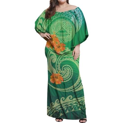 Hycool Samoan Tribal Print Off Shoulder Sleeveless Ruffle Pleated Dress Party Maxi Bodycon Dress With Shawl Wedding Dresses 2021