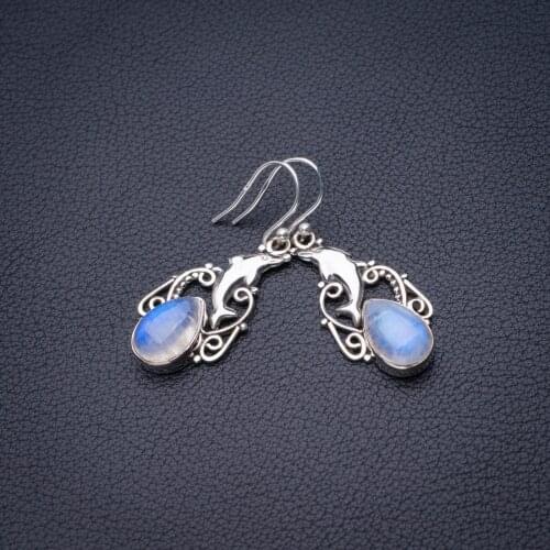 StarGems Natural Rainbow Moonstone Dolphin Handmade 925 Sterling Silver Earrings 1.5" D6554