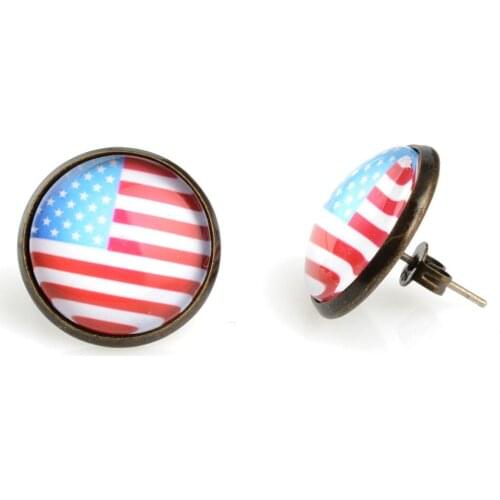 10Pairs 18mm Round American Flag Old Glory Antique Bronze Stud Earrings Metal Women Earring boucle d'oreille femme oorbellen