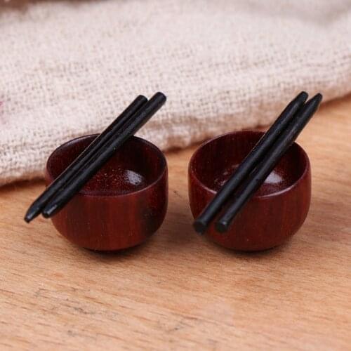 2 Sets 1/12 Scale Miniature Dollhouse Chinese Dish Bowl Chopsticks Tableware Set Pretend Play Kitchen Toy