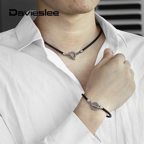 2019 New Fashion 4mm Simple Black Man-made Leather Necklace Bracelet Set for Men Braided Rope Unique Toggle Clasp Jewelry DS06