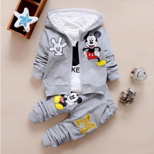 3pcs/set Baby Boy Girl Clothes Cartoon Mickey Mouse Bear Hooded Coat+T Shirt+Pant Kid Sport Suit for Children Clothing Tracksuit