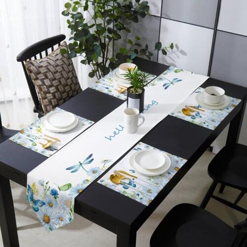 Watercolor Flowers Butterfly Dragonfly Table Runner Placemat Set Tablecloth Dining Table Mat Home Wedding Table Decoration