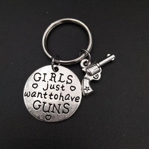 Girls Just Want to Have Guns Tag Charm Cowgirl Country Girl Keychain Stainless Steel Keyring DIY Jewelry Accessory