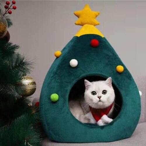 Pet House Cat Christmas Tree Shape Bed Dog Nest Puppy Cave Washable Cat Mat Warm Soft Winter Cat House Pet Supplies Pet Bed