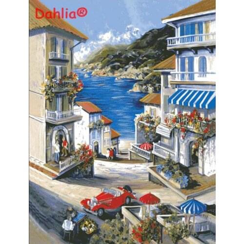 Lakeside town Scenery Big picture Arts Needlework Embroidery DIY Cross Stitch Kits Crafts 14CT Unprinted Home Decor Handmade