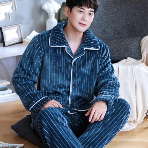 H5899 Thick Coral Velvet Men Pajamas Set Flannel Autumn Winter Long Sleeve Sleepwear Male Leisure Lapel Comfortable Nightwear