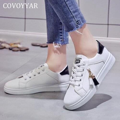 COVOYYAR Womens Vulcanize Shoes Pu Lace-up Canvas White Shoes Women Spring Autumn Fringe Casual Shoes Flats Sneakers WSN453