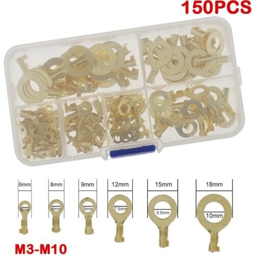 150PCS M3/M4/M5/M6/M8/M10 Ring Lugs Ring Eyes Copper Crimp Terminals Cable Lug Diy Assortment Kit
