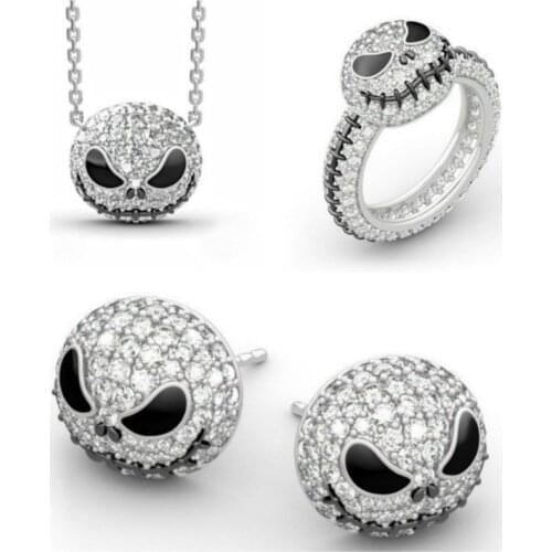 The Nightmare Before Christmas Ring Sally Jack Skellington Ring Jewelry Crystal Ring Necklace Pendant Skull Stud Earrings Set