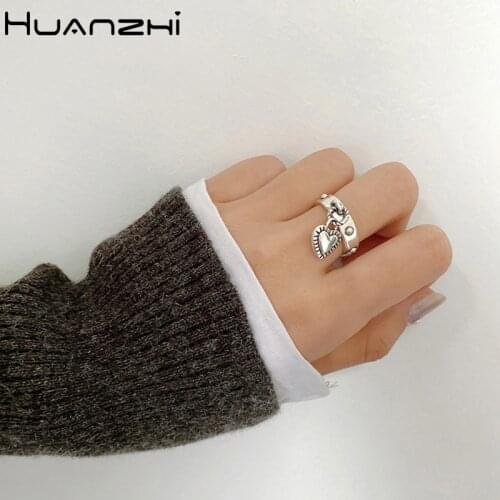 HUANZHI 2020 New Punk Trendy Vintage Silver Color Heart Tassel Pendant Open Adjustable Metal Ring for Women Girl Party Jewelry