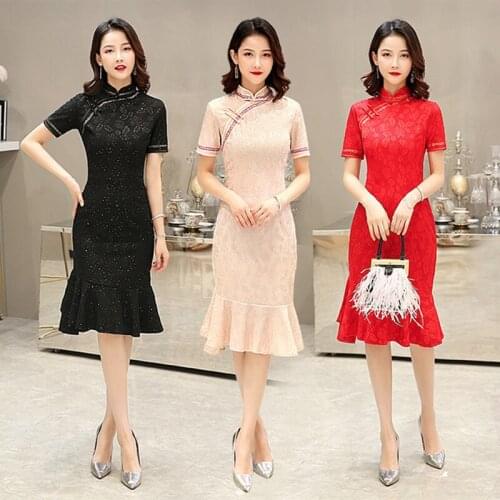 Red bride cheongsam fishtail skirt ципао платье fashion Chinese wedding cheongsam Qipao lace dresses elegant modern cheongsam