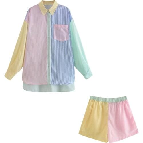 JUNWU Summer Color Vertical Stripes Stitching Pocket Lapel Loose Jacket Single-Breasted Long Shirt Shrink Waist Shorts Suit