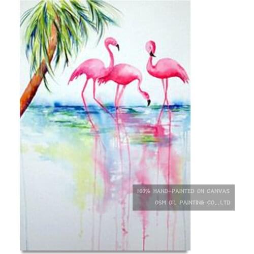 Best Wall Decoration Artist Hand-painted Flamingo Oil Painting on Canvas Pink Animal Bird Oil Painting for Living Room
