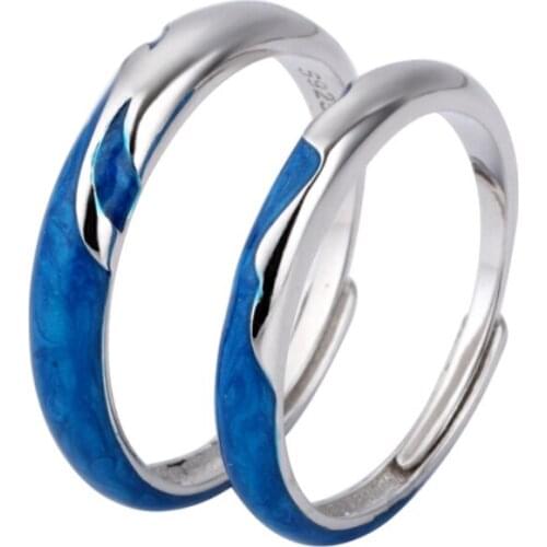 New Couple Ring Star 925 Sterling Silver Open Ring Men And Women Valentines Day Gift Blue Paint Single Band Engament Rings