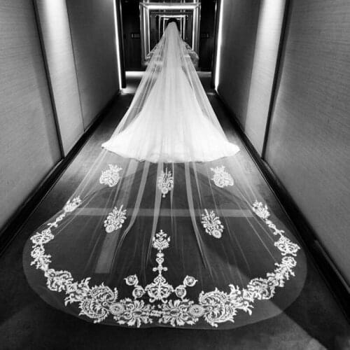 New Wedding Veils Lace Applique Cut Edge 3M 4M 5M Long Train Length Veils One Layer Tulle Bridal Veil with Comb Hair Accessories