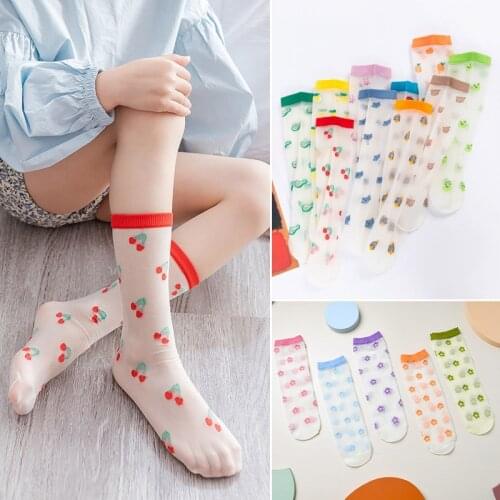 New Summer Childen Cute Candy Colors Soft Lace Thin Breathable Baby Knee Sosks Kids Girls Sweety Cartoon Flower Fruit Long Sock