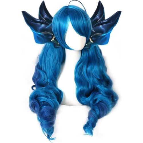 LoL Gwen Cosplay Wig LoL Cosplay Gradient Blue Long Ponytails Game Wig Halloween Synthetic Hair Heat Resistant