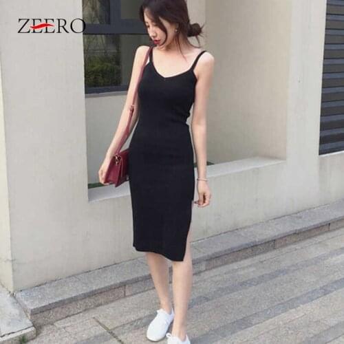 Summer Korean Women Knitted Suspender Sexy Dress Elegant Female Casual Black Midi Spaghetti Strap Side Split Party Dresses