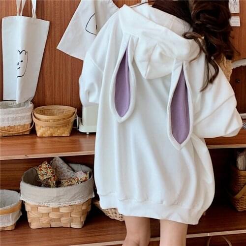 Fashion Cute Rabbit Ears Hooded Pullover 2021 Autumn Sweet Women Hoodies Lantern Sleeve Loose Baggy Female Tops Plus Size Korean