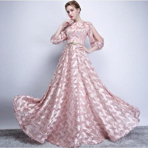 Blush Pink Long Prom Dress 3/4 Sleeves Gold Belt Formal Women Evening Gown Vestido Largo Elegante