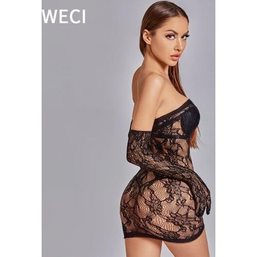 WECI Fishnet Sensual Lingerie Women Sexy Outfit Teddies Bodysuit Mesh Dress Erotic Costumes For Sex Porn Underwear With Gloves