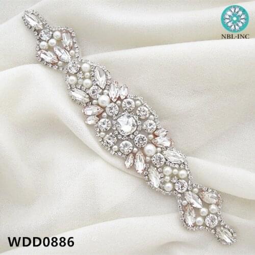 1PC) Silver crystal rhinestone bridal belt applique sew on iron on for wedding dress WDD0886