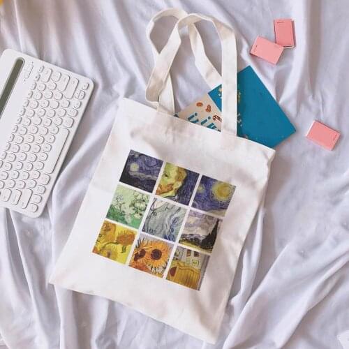 Graphic Van Gogh Pattern Canvas Tote Bags Foldable Shopper Bag Student Book Bags Aesthetic Vintage Shoulder Bags Shopping Bag