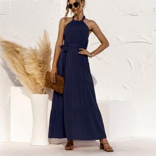 Bohemian 2021 Summer Dress Sexy Halter Neck Sleeveless Lace Up Backless Long Dresses Womens Beach Solid Color A Line Party Belt