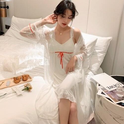 Women Nightdress Bathrobe Two Piece Set Mesh Robe Sexy Transparent Sleep Dress and Long Sleeve Robe Nightgown Set Princess White