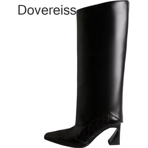 Dovereiss Fashion Womens Shoes Winter Sexy Genuine Leather Crystal Rhinestone New Strange Style Heels Knee High Boots 40