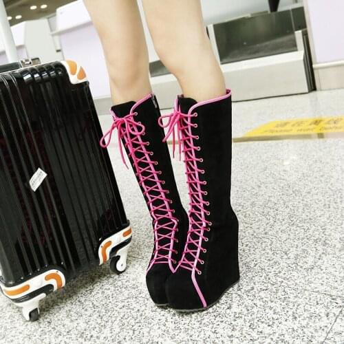 Winter Boots Women High Heels Boots Lace Up Platform Wedges Round Toe Punk Rock Goth Boots Female Knee High Sexy Shoes Size 42