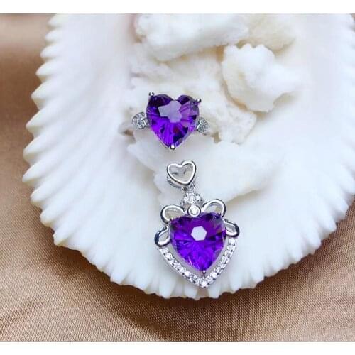 Purple Amethyst ring and necklace jewelry set 925 silver for women fine jewelry birthday party gift heart style Feb birthstone