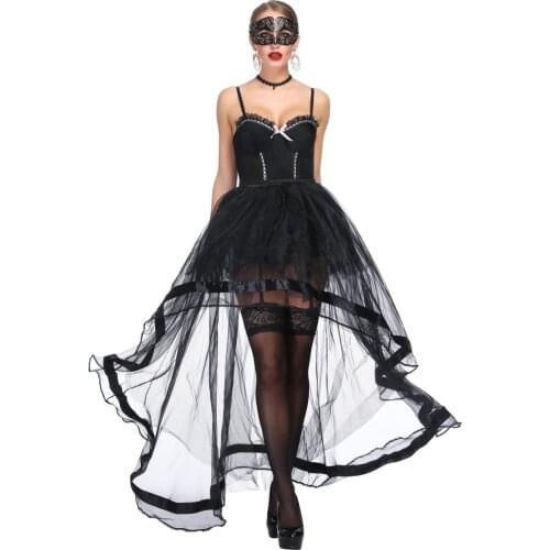 Womens Sexy Black Sheer Mesh Floral Lace Plastic Bone Bustier Corset with Organza High Low Skirt Set