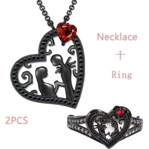 Double Lover Heart Ring Necklaces For Women 2Pcs Red Crystal Necklace With Ring Individuality Chain Gun Black Jewelry Set