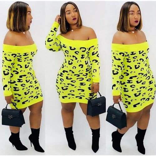 Plus Size Off Shoulder Bodycon Dress for Women Long Sleeve Leopard Printed Slash Neck Elegant Bandage Mini Party Dress Vestidos