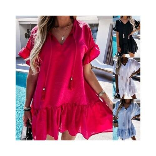 Woman V-neck Lotus Leaf Sleeve Drawstring Pleated Loose Big Swing Dress Female Solid Color Casual Pullover Summer New Dress 2XL
