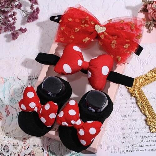 3 Pcs/Set Baby Socks Headbands Set Lace Flower Bows Crown Newborn Girl Short Socks Anti Slip Infant Toddler Socks Hairband