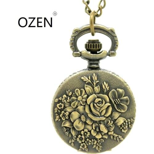 3099) 12pcs/lot Vintage bronze lovely rose flower pocket Watch Necklace, Watch pendant, Dia: 2.7cm christmas party gift
